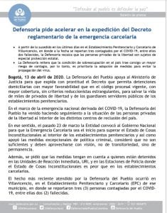 Defensoría pide celeridad en la expedición de decreto de excarcelación