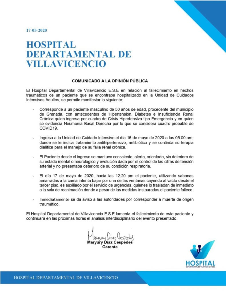 Comunicado Hospital Villavicencio