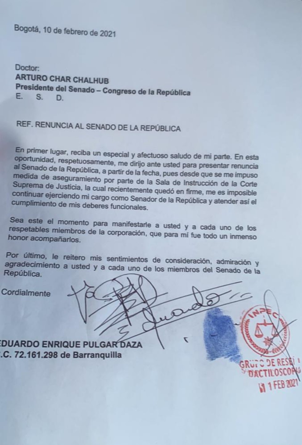 Eduardo Pulgar renunció a su cargo en el Senado