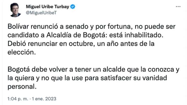 Miguel Uribe afirma que Bolívar no puede ser candidato a la Alcaldía de Bogotá