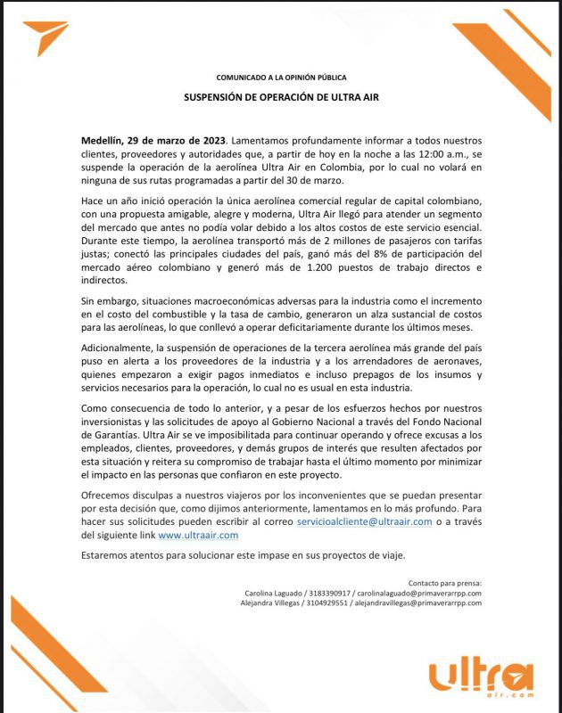 Ultra Air: por medio de un comunicado, la aerolínea anunció la suspensión de operaciones en Colombia