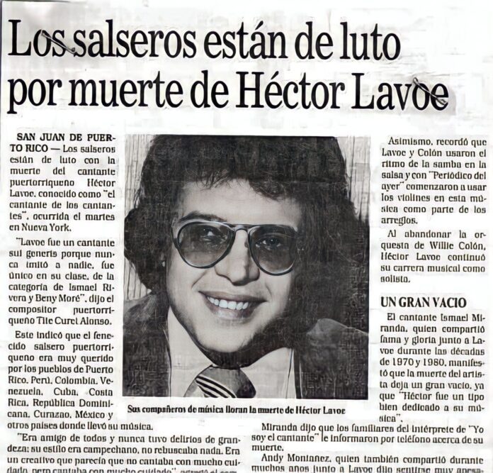 30 años sin Héctor Lavoe, titular de un periódico de ayer