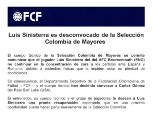 Selección Colombia: Luis Sinisterra, nueva baja para los amistosos