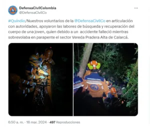 Trágico accidente: Mujer pierde la vida al caer de un parapente en Quindío
