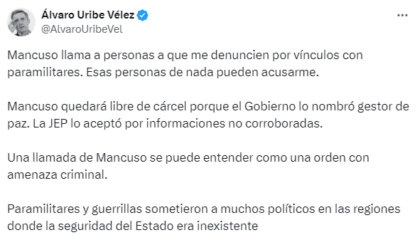 Álvaro Uribe dice que asesor de Mancuso le advierte 'no haremos daño, pero que se quede quieto'