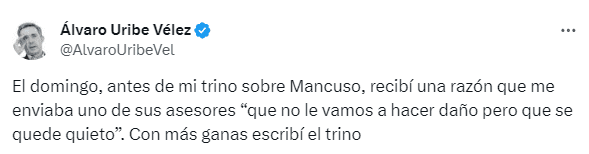 Álvaro Uribe dice que asesor de Mancuso le advierte 'no haremos daño, pero que se quede quieto'