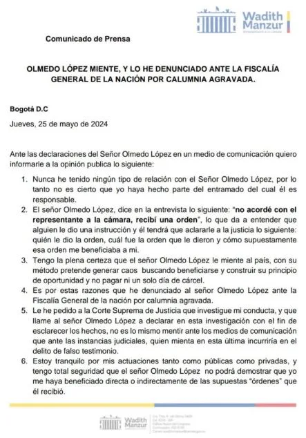 Wadith Manzur denuncia a Olmedo López ante la Fiscalía por Calumnia